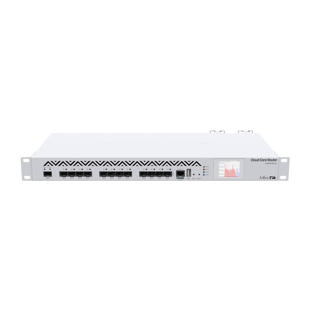 CloudCore Router, 12 SFP, 1xSFP+, 16 núcleos x 1.2GHz CPU, 2GB RAM, LCD panel, Fuente redundante, RouterOS L6