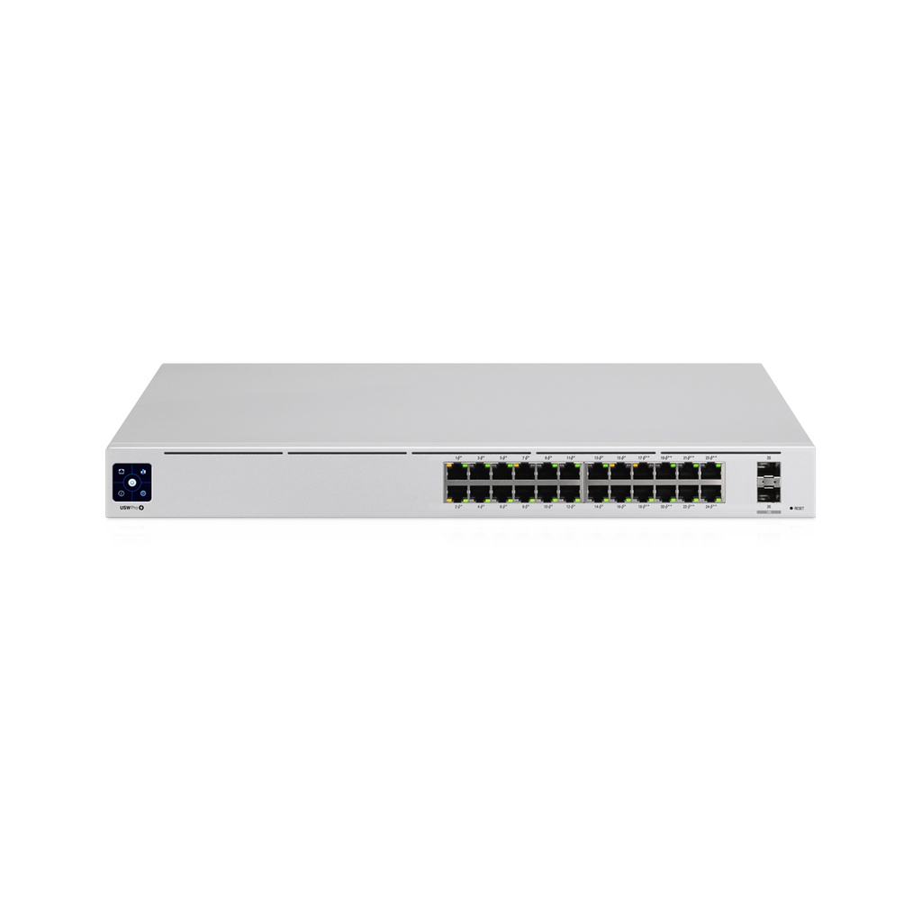 Switch Unifi standard 24 puertos PoE, capa 2 administrable, puertos: (24) RJ45 de 1GbE(16 PoE+) y 2 SFP de 1G, 95W, marca Ubiquiti.