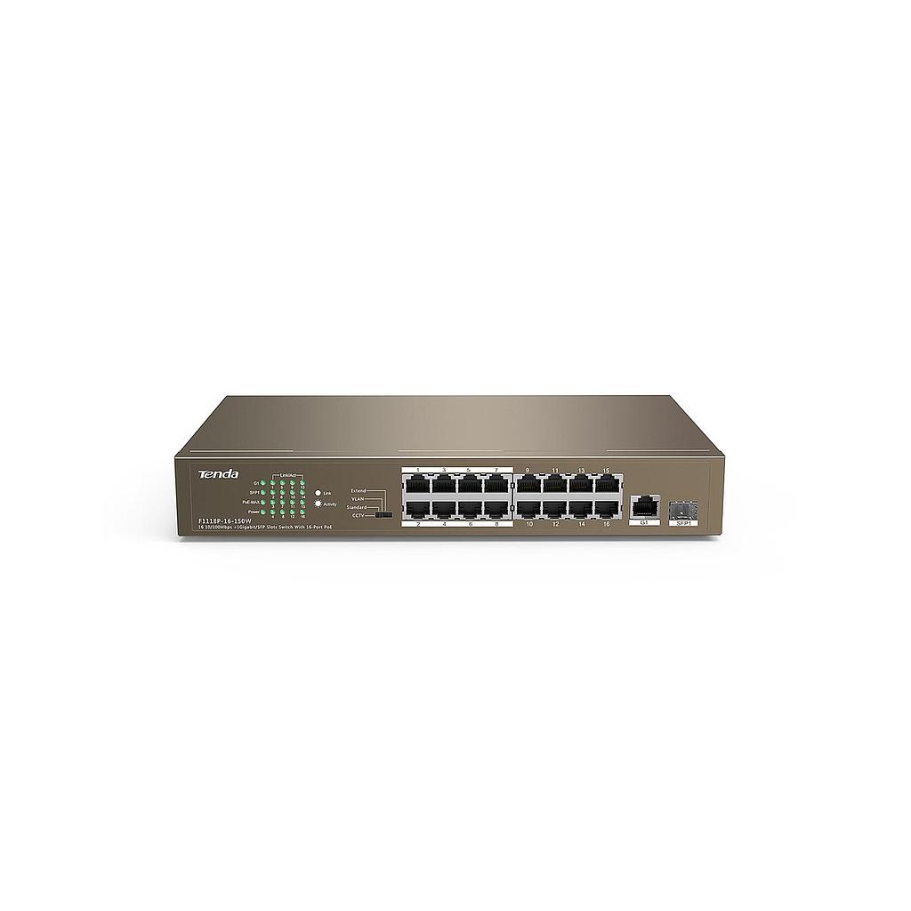 Switch PoE extendido TEF1118P-16-150W, puertos: 16 FE PoE, 2 GE y 1 SFP, 150 watts, montaje en rack, 4 modos de operación, marca Tenda.