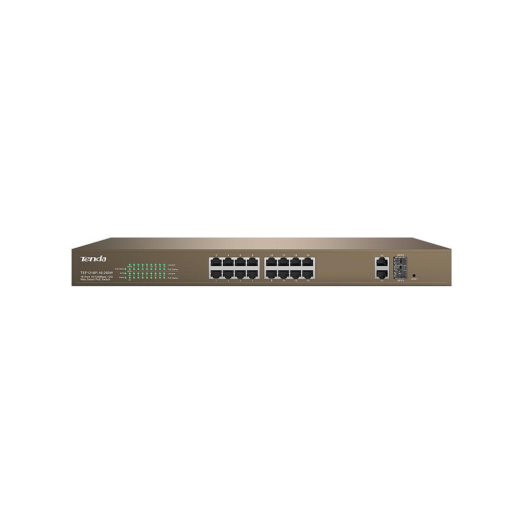 Switch PoE extendido TEF1218P-16-250W, puertos: 16 FE PoE, 2 GE y 1 SFP, 250 watts, marca Tenda.