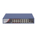 Switch de 16 Puertos PoE 10/100, 2 puertos 1000 Uplink, modo extendido de conexión hasta 250 metros, 2 puertos para sfp, Salida total de 230W, entrada de corriente 100 - 240 VAC, Marca Hikvision