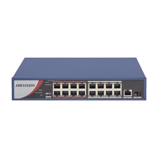 [DS-3E0318P-E] Switch de 16 Puertos PoE 10/100, 2 puertos 1000 Uplink, modo extendido de conexión hasta 250 metros, 2 puertos para sfp, Salida total de 230W, entrada de corriente 100 - 240 VAC, Marca Hikvision