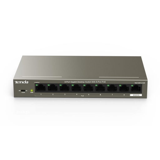 [TEG1109P-8-102W] Switch PoE extendido TEG1109P-8-102W, 9 puertos Gigabit Ethernet (8 PoE), 102. watts, marca Tenda.