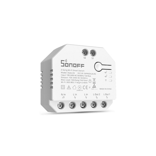 [DUALR3] Interruptor inteligente con 2 relés DualR3, control de cortinas, iluminación, motores, medidor de potencia, 15A/3300W/total, WiFi, marca Sonoff.