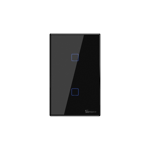 [T3US2C] Interruptor de pared inteligente doble T3US2C , botón touch, 100-240VAC, Wi-Fi y RF433MHz, negro, marca Sonoff.