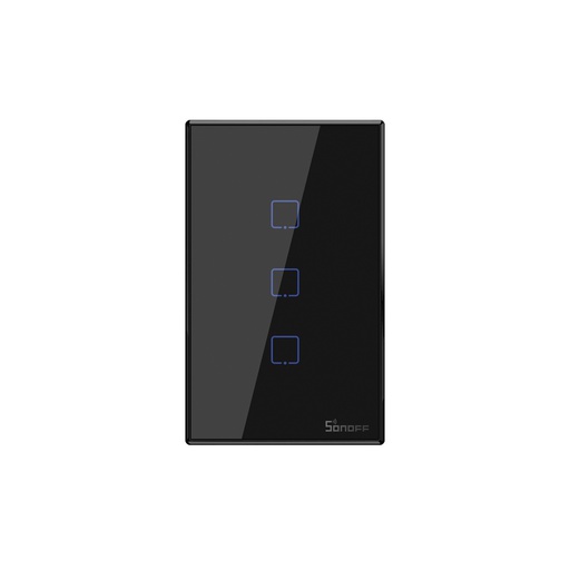 [T3US3C] Interruptor de pared inteligente triple T3US3C , botón touch, 100-240VAC, Wi-Fi y RF433MHz, negro, marca Sonoff.