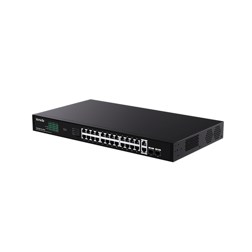 [TEG1128P-24-410W] Switch PoE extendido TEG1128P-24-410W, puertos: 24 GE PoE, 2 GE RJ45,2 SFP, 410 watts, montaje en rack, 4 modos de operación, marca Tenda.